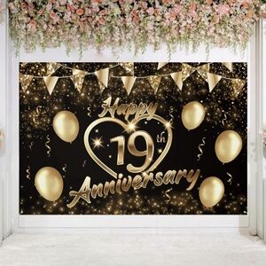 Happy 19th Anniversary Backdrop Banner Decor Black Gold – Glitter Love Heart.